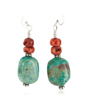 .925 Sterling Silver Hooks Certified Authentic Navajo Natural Turquoise Coral Native American Dangle Earrings 18294-18