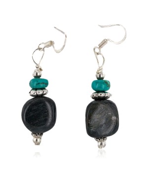 .925 Sterling Silver Hooks Certified Authentic Navajo Natural Turquoise Green Jasper Native American Dangle Earrings 18251-1