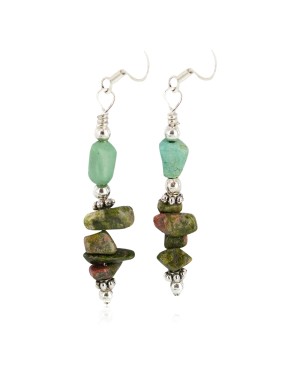 .925 Sterling Silver Hooks Certified Authentic Navajo Natural Turquoise Green Jasper Native American Dangle Earrings 18294-9