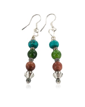 .925 Sterling Silver Hooks Certified Authentic Navajo Natural Turquoise Green Quartz Goldstone Native American Earrings 18286-5