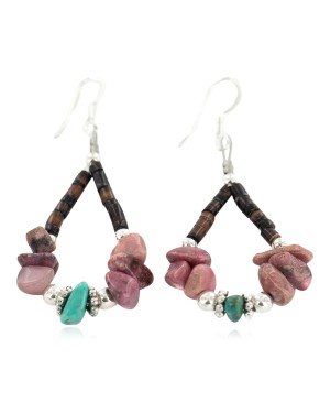 .925 Sterling Silver Hooks Certified Authentic Navajo Natural Turquoise Heishi Charoite Hoop Native American Earrings 18263-2