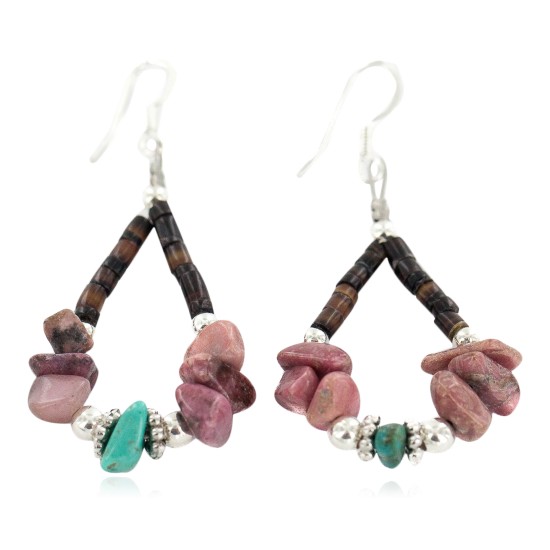 .925 Sterling Silver Hooks Certified Authentic Navajo Natural Turquoise Heishi Charoite Hoop Native American Earrings 18263-2