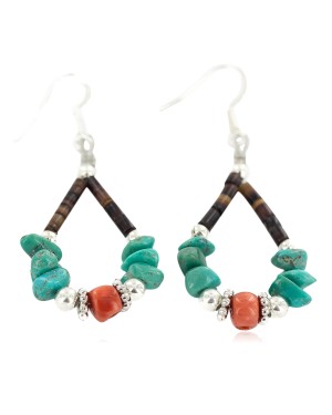 .925 Sterling Silver Hooks Certified Authentic Navajo Natural Turquoise Heishi Coral Hoop Native American Earrings 18263-4