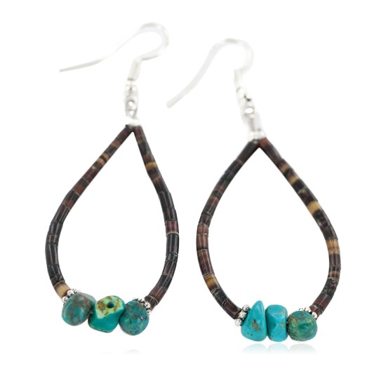 .925 Sterling Silver Hooks Certified Authentic Navajo Natural Turquoise Heishi Hoop Native American Earrings 18258