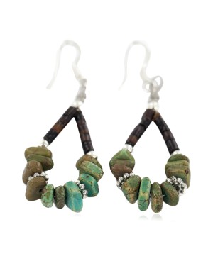.925 Sterling Silver Hooks Certified Authentic Navajo Natural Turquoise Heishi Hoop Native American Earrings 18263-1