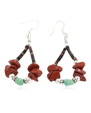.925 Sterling Silver Hooks Certified Authentic Navajo Natural Turquoise Heishi Red Jasper Hoop Native American Earrings 18263-6