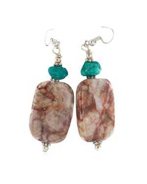 .925 Sterling Silver Hooks Certified Authentic Navajo Natural Turquoise Jasper Native American Dangle Earrings 18289-1