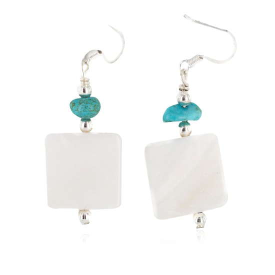 .925 Sterling Silver Hooks Certified Authentic Navajo Natural Turquoise Mother Of Pearl Native American Dangle Earrings 18254-4