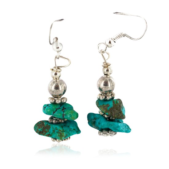 .925 Sterling Silver Hooks Certified Authentic Navajo Natural Turquoise Native American Dangle Earrings 18290-15