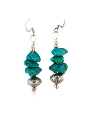 .925 Sterling Silver Hooks Certified Authentic Navajo Natural Turquoise Native American Dangle Earrings 18291-2