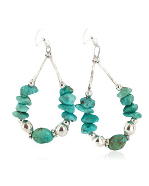 .925 Sterling Silver Hooks Certified Authentic Navajo Natural Turquoise Native American Hoop Earrings 18153-10