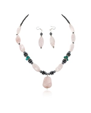 .925 Sterling Silver Hooks Certified Authentic Navajo Natural Turquoise Pink Quartz and Hematite Native American Set 18234-2-18239-2