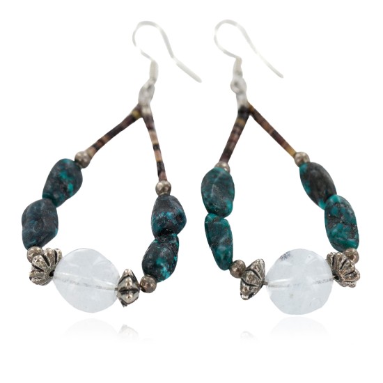 .925 Sterling Silver Hooks Certified Authentic Navajo Natural Turquoise Quartz Heishi Hoop Native American Earrings 18285-2