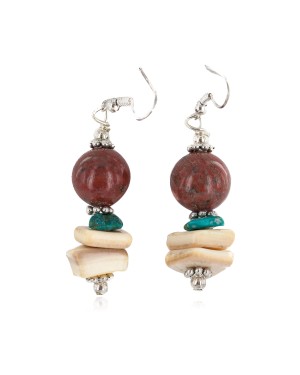 .925 Sterling Silver Hooks Certified Authentic Navajo Natural Turquoise Red Jasper Graduated Melon Shell Native American Dangle Earrings 18258-1
