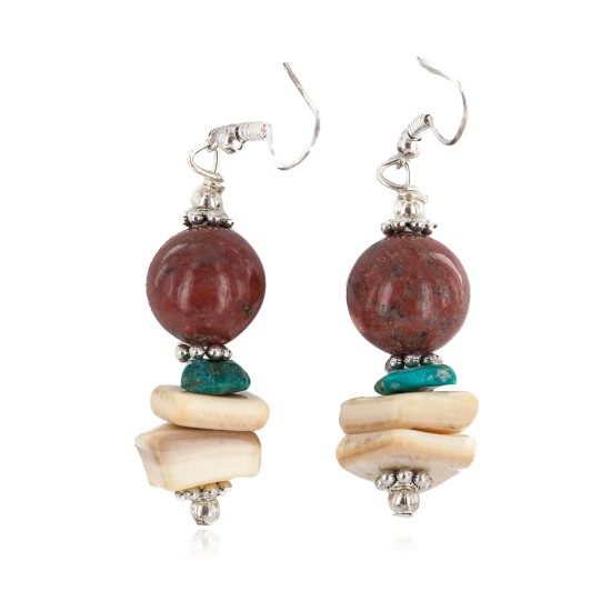 .925 Sterling Silver Hooks Certified Authentic Navajo Natural Turquoise Red Jasper Graduated Melon Shell Native American Dangle Earrings 18258-1 .925 Sterling Silver Hooks Certified Authentic Navajo Natural Turquoise Red Jasper Graduated Melon Shell Native American Dangle Earrings 18258-1