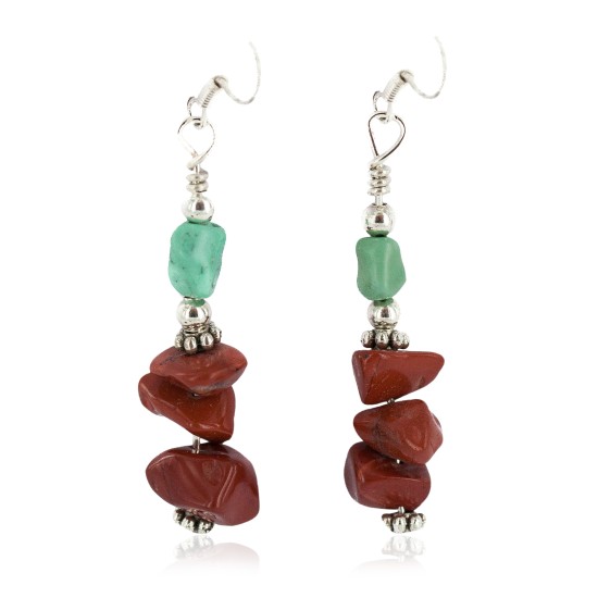 .925 Sterling Silver Hooks Certified Authentic Navajo Natural Turquoise Red Jasper Native American Dangle Earrings 18294-5