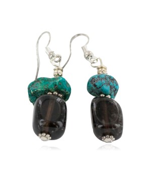 .925 Sterling Silver Hooks Certified Authentic Navajo Natural Turquoise Smoky Quartz Native American Dangle Earrings 18286-3