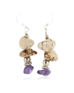 .925 Sterling Silver Hooks Certified Authentic Navajo Natural White Howlite Amethyst Native American Dangle Earrings 18291-5