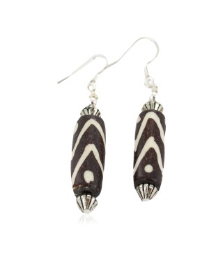 .925 Sterling Silver Hooks Certified Authentic Navajo Wood Native American Earrings 18254-1