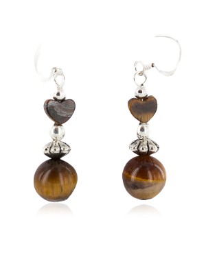 .925 Sterling Silver Hooks Heart Certified Authentic Navajo Natural Tigers Eye Native American Dangle Earrings 18290-3