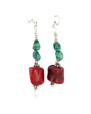 .925 Sterling Silver Hooks Navajo Certified Authentic Natural Turquoise Coral Native American Dangle Earrings 18294-4