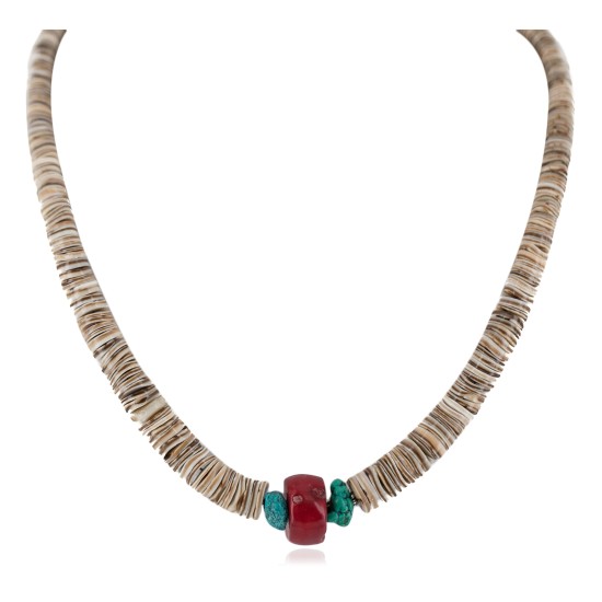 .925 Sterling Silver Navajo Certified Authentic Coral and Natural Graduated Heishi Native American Necklace  95004-6