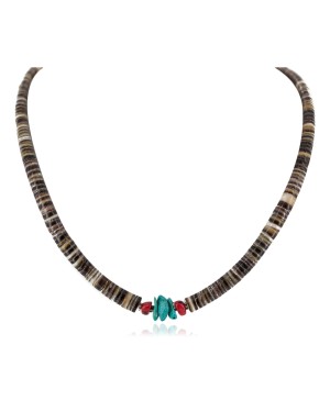 .925 Sterling Silver Navajo Certified Authentic Coral and Natural Turquoise Graduated Heishi Native American Necklace 95004-4