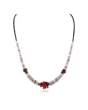 .925 Sterling Silver Navajo Certified Authentic Coral and Natural Turquoise Graduated Heishi Native American Necklace 95005