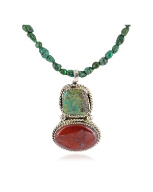 .925 Sterling Silver Navajo Certified Authentic Natural Spiderweb and Turquoise Coral Native American Necklace 12926-6-15858