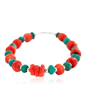 .925 Sterling Silver Navajo Certified Authentic Natural Turquoise Coral Native American Bracelet 13179