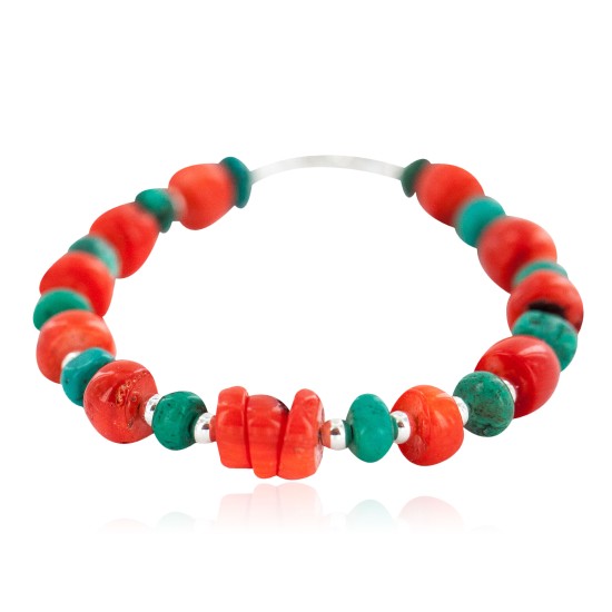 .925 Sterling Silver Navajo Certified Authentic Natural Turquoise Coral Native American Bracelet 13179