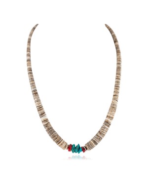 .925 Sterling Silver Navajo Certified Authentic Natural Turquoise Graduated Heishi Coral Native American Necklace 95004-3