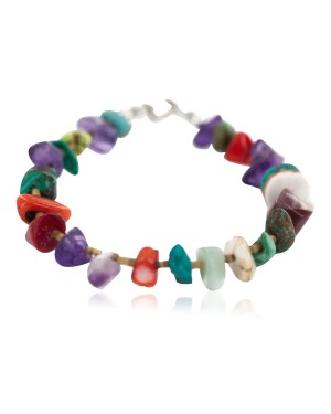 .925 Sterling Silver Navajo Certified Authentic Natural Turquoise Multicolor Stones Native American Bracelet 13174-1