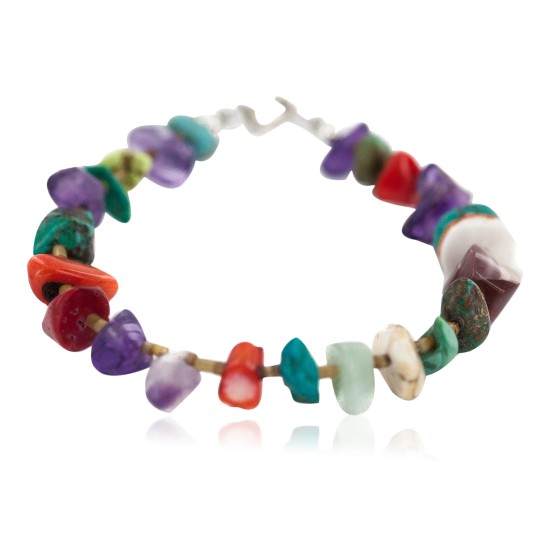 .925 Sterling Silver Navajo Certified Authentic Natural Turquoise Multicolor Stones Native American Bracelet 13174-1