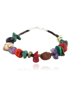 .925 Sterling Silver Navajo Certified Authentic Natural Turquoise Multicolor Stones Native American Bracelet 13178-2
