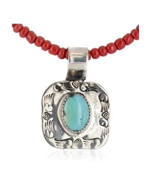 .925 Sterling Silver Nickel Handmade Certified Authentic Navajo Natural Turquoise Coral Native American Necklace 12811-3-16083-8