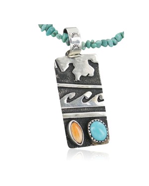 .925 Sterling Silver Sterling Handmade Wave Certified Authentic Navajo Turquoise Native American Necklace 390669103032