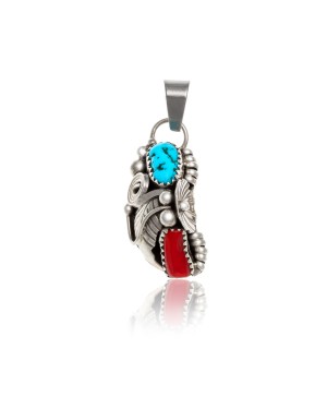 Flower .925 Sterling Silver Certified Authentic Handmade Navajo Native American Natural Turquoise and Coral Pendant 26211-1