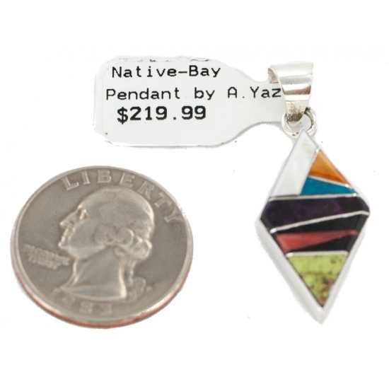 Navajo Rhombus Certified Authentic .925 Sterling Silver Natural Multicolor Real Handmade Native American Inlaid Pendant 24491-10