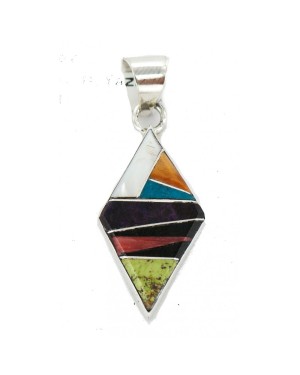 Navajo Rhombus Certified Authentic .925 Sterling Silver Natural Multicolor Real Handmade Native American Inlaid Pendant 24491-10