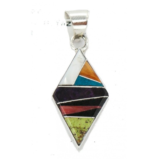Navajo Rhombus Certified Authentic .925 Sterling Silver Natural Multicolor Real Handmade Native American Inlaid Pendant 24491-10
