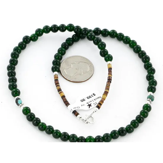 Delicate Navajo .925 Sterling Silver Natural Turquoise and Dark Green Agate Native American Necklace Chain 16043-2 Delicate Navajo .925 Sterling Silver Natural Turquoise and Dark Green Agate Native American Necklace Chain 16043-2