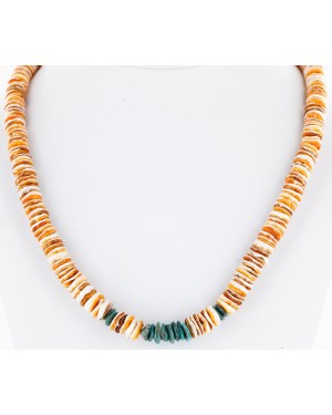 Certified Authentic Navajo .925 Sterling Silver Graduated Spiny Oyster Natural Turquoise Native American Necklace 16042