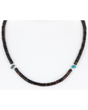 Certified Authentic Navajo .925 Sterling Silver Natural Turquoise and Heishi Native American Necklace 16043-3