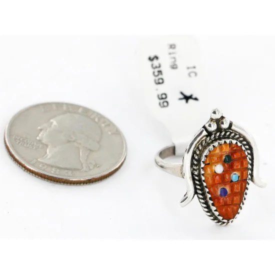 Handmade Zuni Signed .925 Sterling Silver Inlaid Natural Turquoise Black Onyx Spiny Oyster and Lapis Multicolor Native American Ring 16798 Handmade Zuni Signed .925 Sterling Silver Inlaid Natural Turquoise Black Onyx Spiny Oyster and Lapis Multicolor Native American Ring 16798