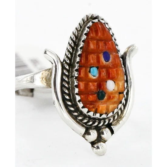 Handmade Zuni Signed .925 Sterling Silver Inlaid Natural Turquoise Black Onyx Spiny Oyster and Lapis Multicolor Native American Ring 16798 Handmade Zuni Signed .925 Sterling Silver Inlaid Natural Turquoise Black Onyx Spiny Oyster and Lapis Multicolor Native American Ring 16798