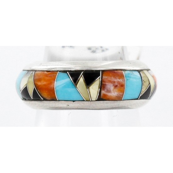 Handmade Signed Certified Authentic Navajo Inlaid .925 Sterling Silver Natural Turquoise Black Onyx Spiny Oyster and Mother of Pearl Native American Ring  16710