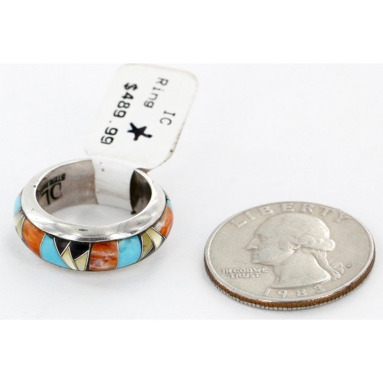 Handmade Signed Certified Authentic Navajo Inlaid .925 Sterling Silver Natural Turquoise Black Onyx Spiny Oyster and Mother of Pearl Native American Ring  16710