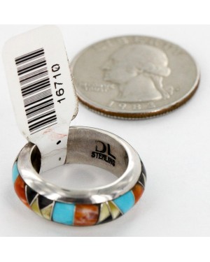 Handmade Signed Certified Authentic Navajo Inlaid .925 Sterling Silver Natural Turquoise Black Onyx Spiny Oyster and Mother of Pearl Native American Ring  16710