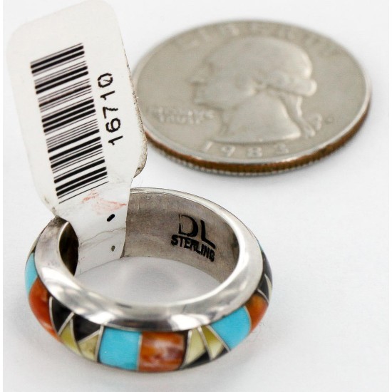 Handmade Signed Certified Authentic Navajo Inlaid .925 Sterling Silver Natural Turquoise Black Onyx Spiny Oyster and Mother of Pearl Native American Ring  16710